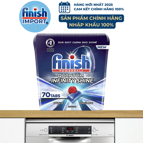 Hộp 70 viên Finish Quantum Infinity Shine Powerball 2021, công thức mới, tẩy rửa và làm sạch tối ưu, dành cho máy rửa chén 13-15 bộ trở lên